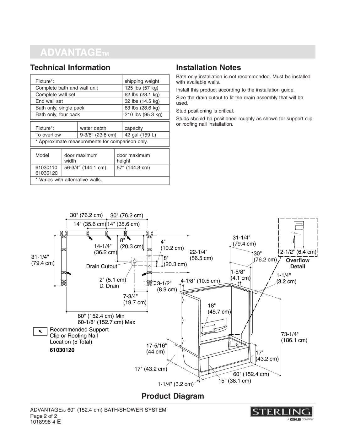 Sterling Plumbing 61030110, 61030120 warranty Technical Information, Installation Notes 