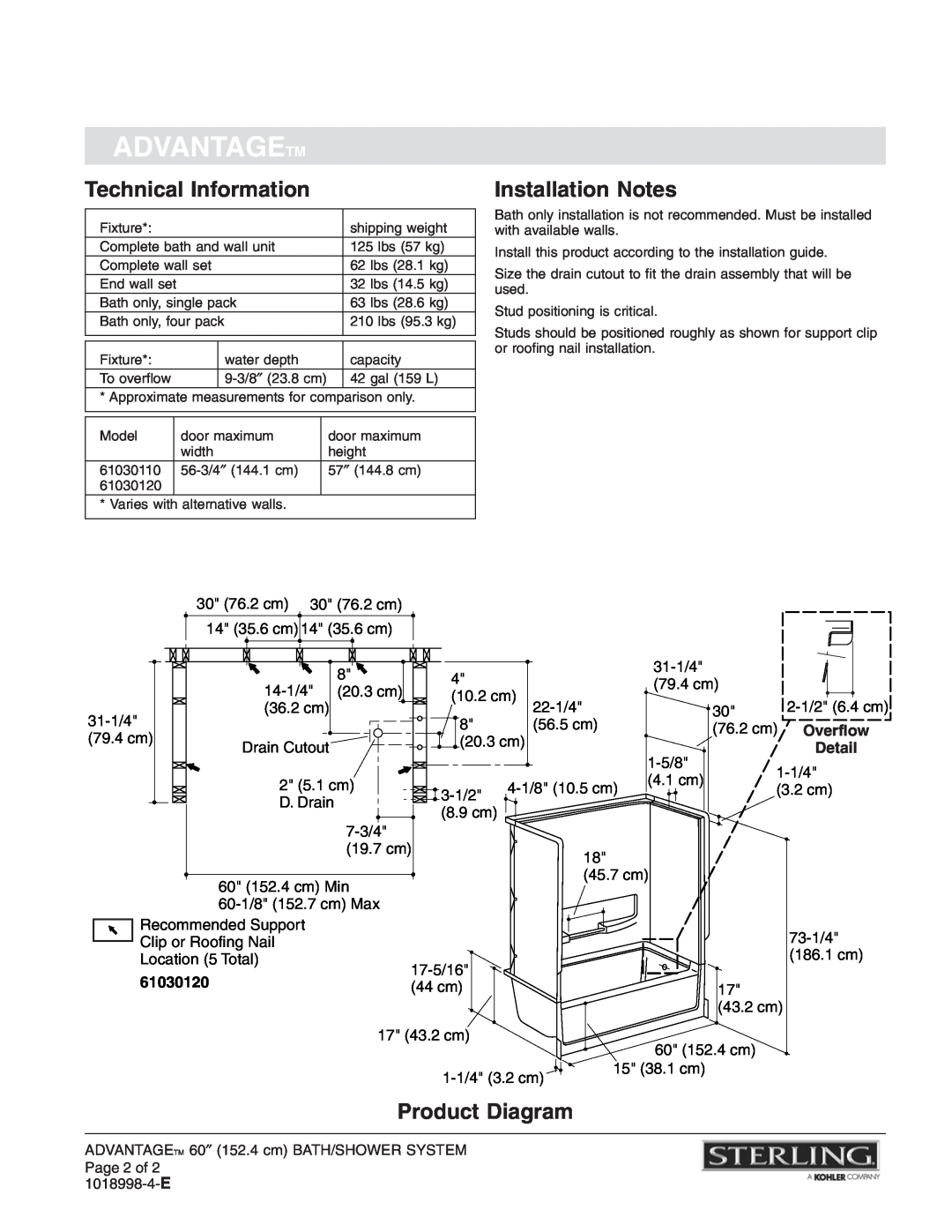 Sterling Plumbing 61030110 Technical Information, Installation Notes, 1018998-4-E, Advantagetm, Overflow, Detail, 61030120 