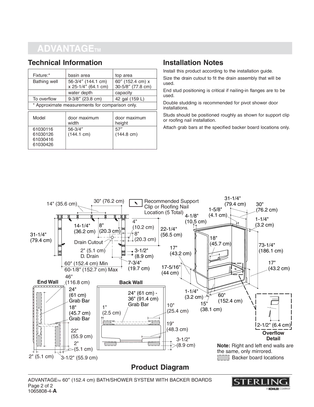 Sterling Plumbing 61030116 warranty Technical Information, Installation Notes, Product Diagram 