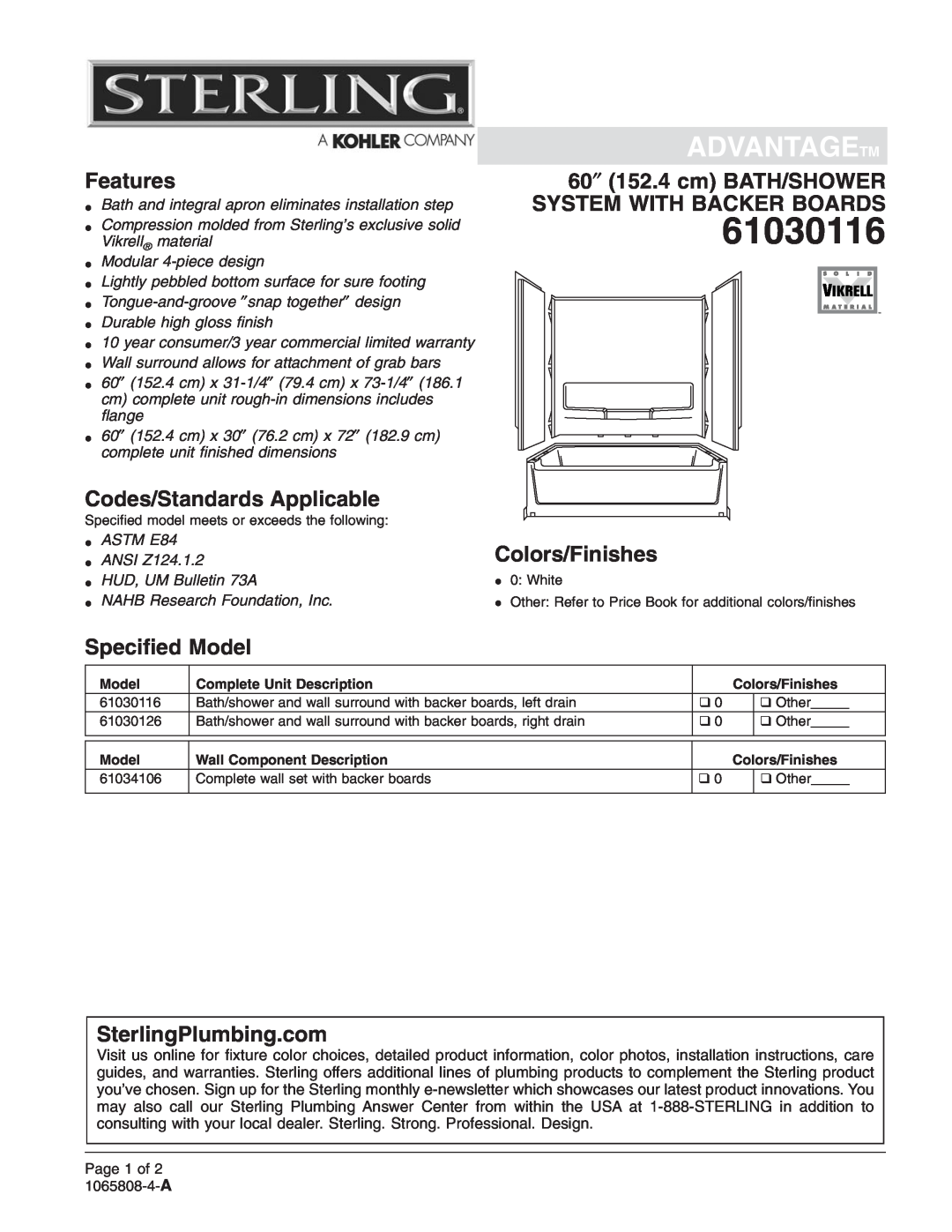 Sterling Plumbing 61030116 warranty Advantagetm, Features, Codes/Standards Applicable, 60″ 152.4 cm BATH/SHOWER 