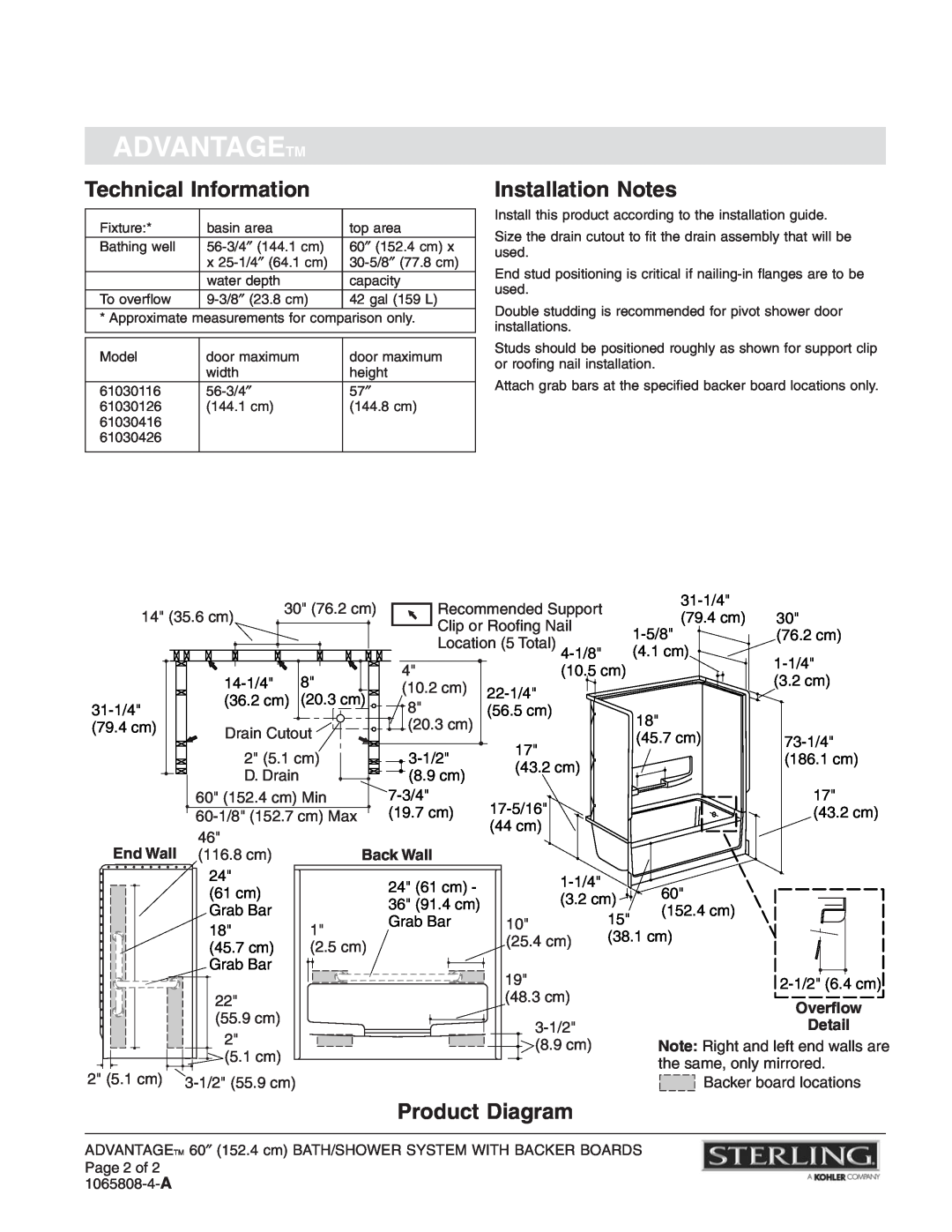 Sterling Plumbing 61030116 Technical Information, Installation Notes, Product Diagram, Advantagetm, End Wall, Back Wall 