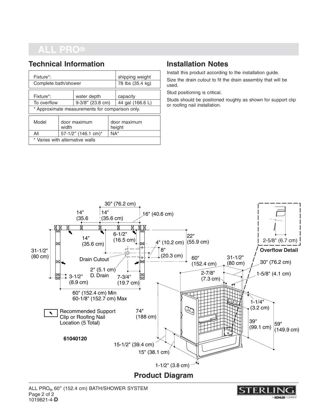 Sterling Plumbing 61040120, 61040110 warranty Technical Information, Installation Notes, Product Diagram, Overflow Detail 