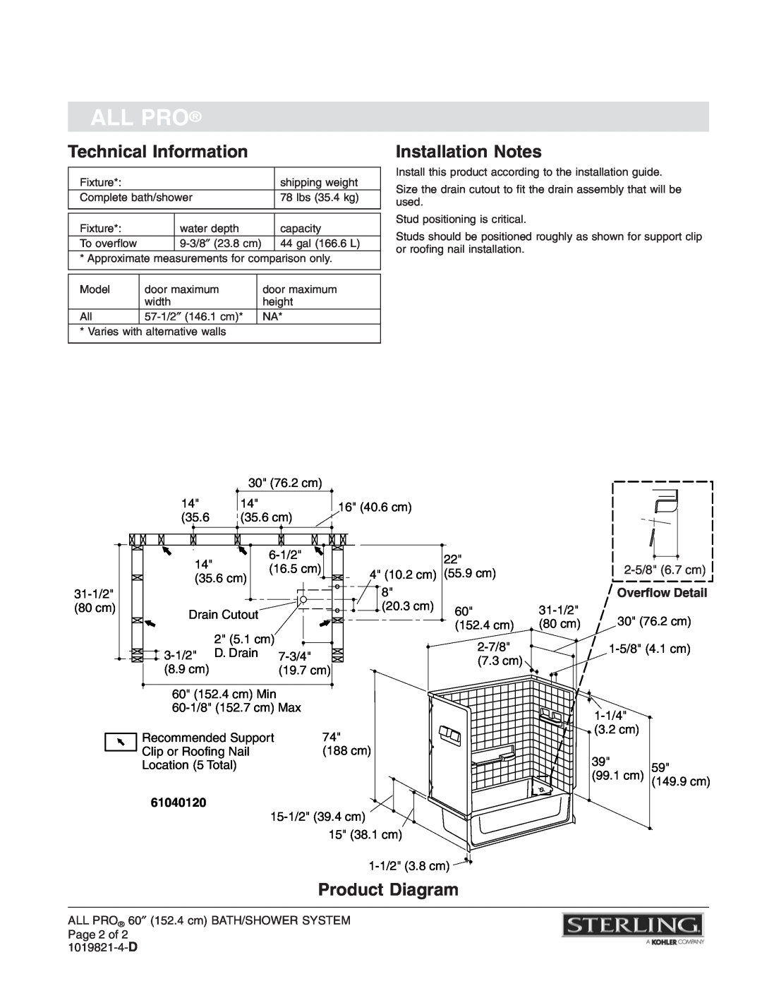 Sterling Plumbing 61040120, 61040110 Technical Information, Installation Notes, Product Diagram, 2-5/8 6.7 cm, All Pro 