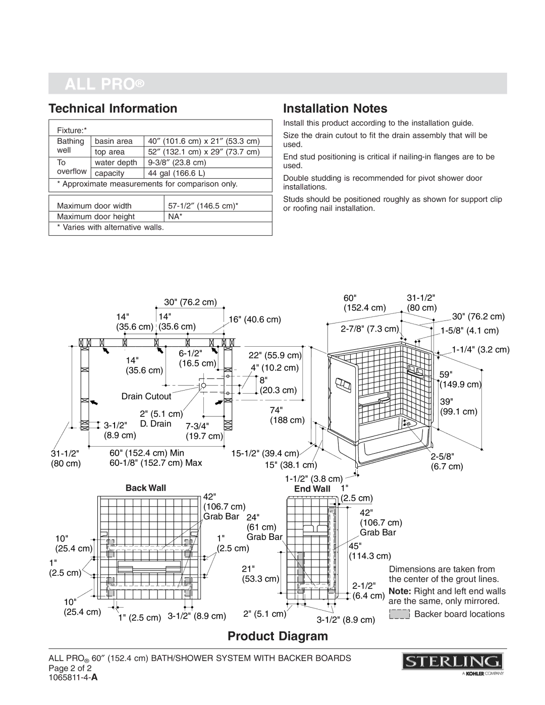 Sterling Plumbing 61040116, 61040126, 61040516, 61040526 warranty Technical Information, Installation Notes, Product Diagram 