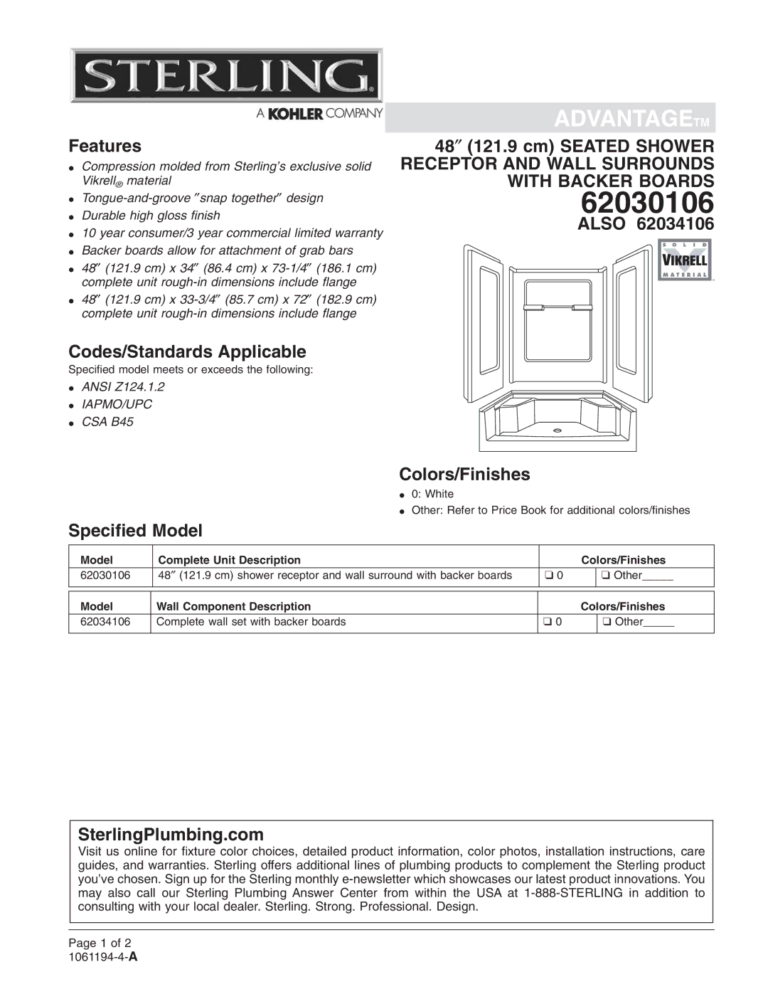 Sterling Plumbing 62030106, 62034106 warranty 