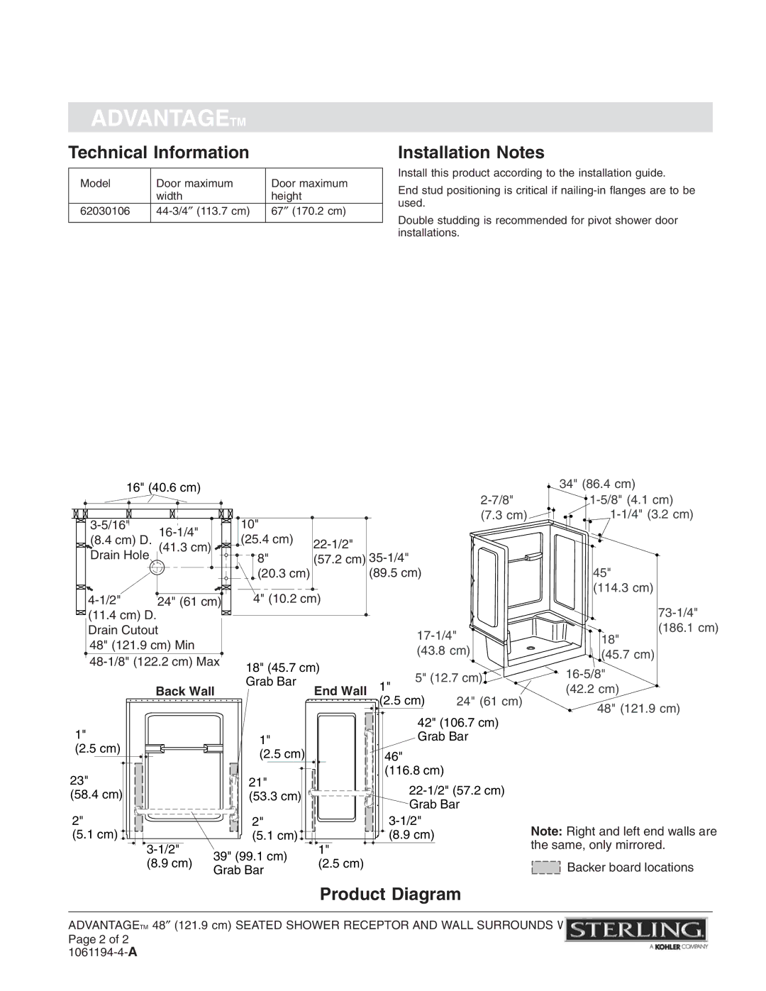 Sterling Plumbing 62034106, 62030106 warranty Technical Information, Installation Notes, Product Diagram, Back Wall End Wall 