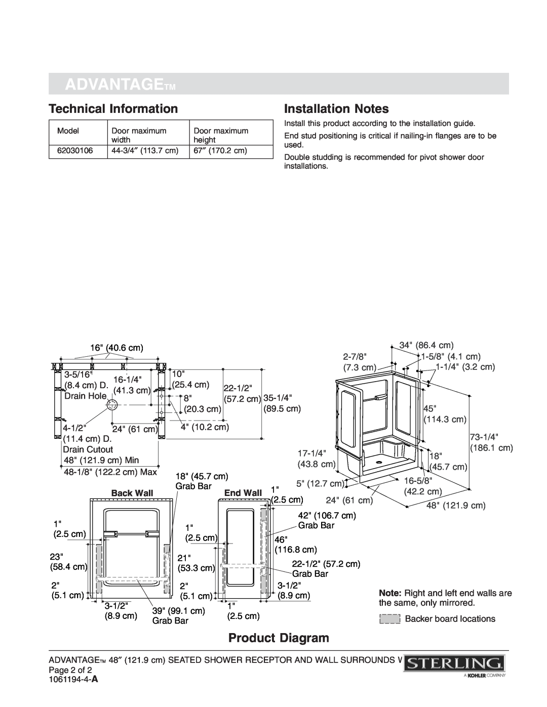 Sterling Plumbing 62034106 Technical Information, Installation Notes, Product Diagram, Advantagetm, 2-7/8, 7.3 cm, 17-1/4 