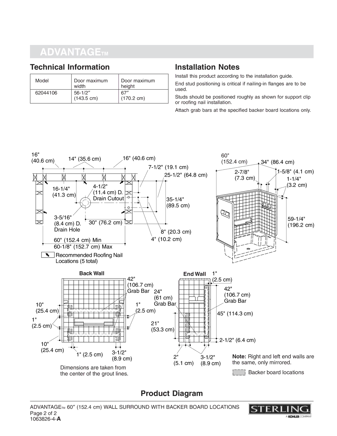 Sterling Plumbing 62044106 warranty Technical Information, Installation Notes, Product Diagram 