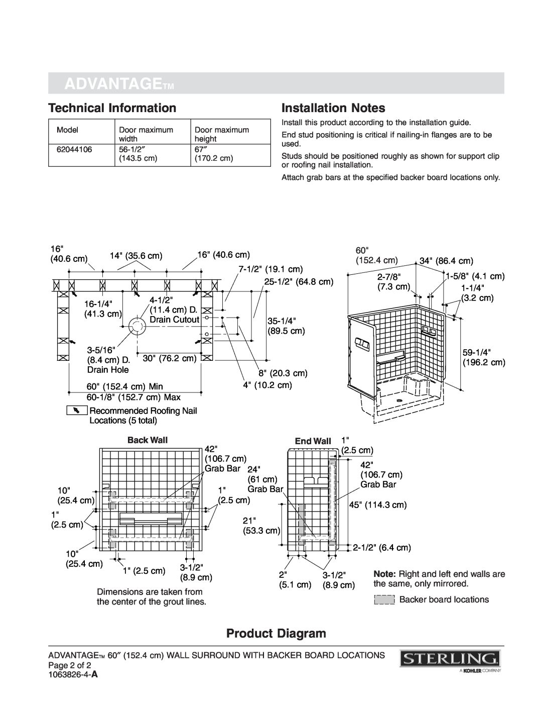 Sterling Plumbing 62044106 Technical Information, Installation Notes, Product Diagram, Advantagetm, Back Wall, End Wall 