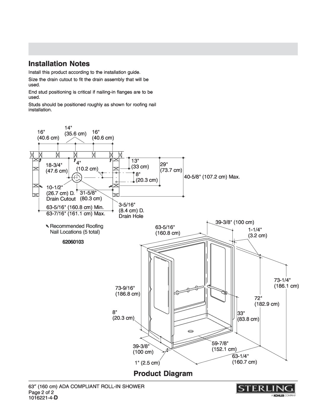 Sterling Plumbing 62060103 dimensions Installation Notes, Product Diagram 