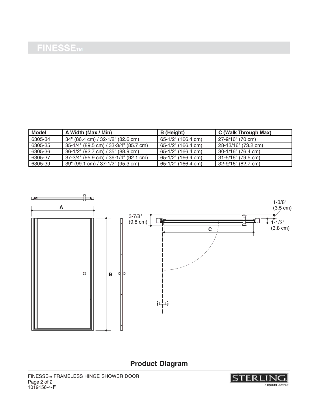 Sterling Plumbing 6305-30 installation instructions Product Diagram, Model Width Max / Min Height Walk Through Max 