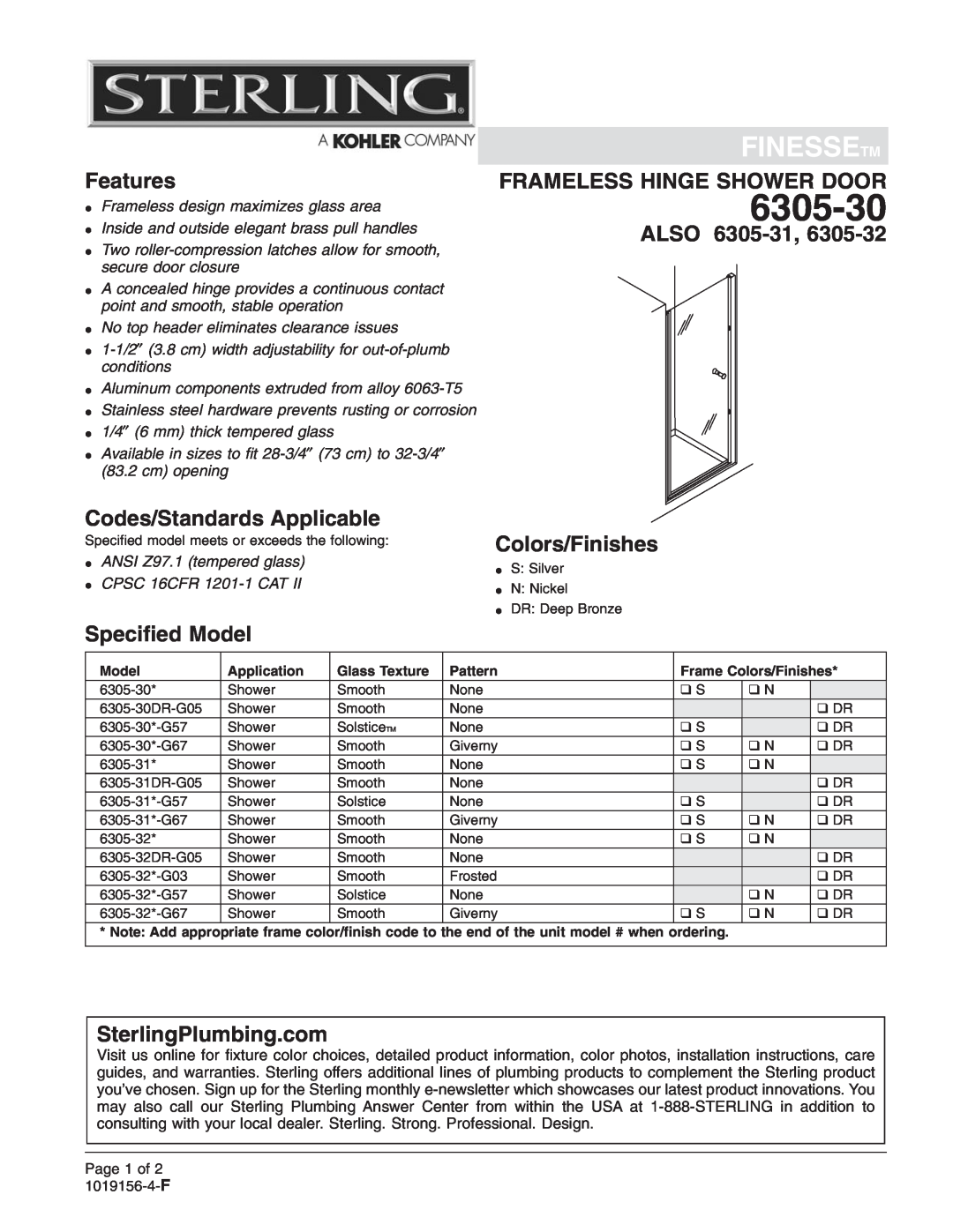 Sterling Plumbing 6305-30 installation instructions Finessetm, Features, Frameless Hinge Shower Door, Also, Speciﬁed Model 