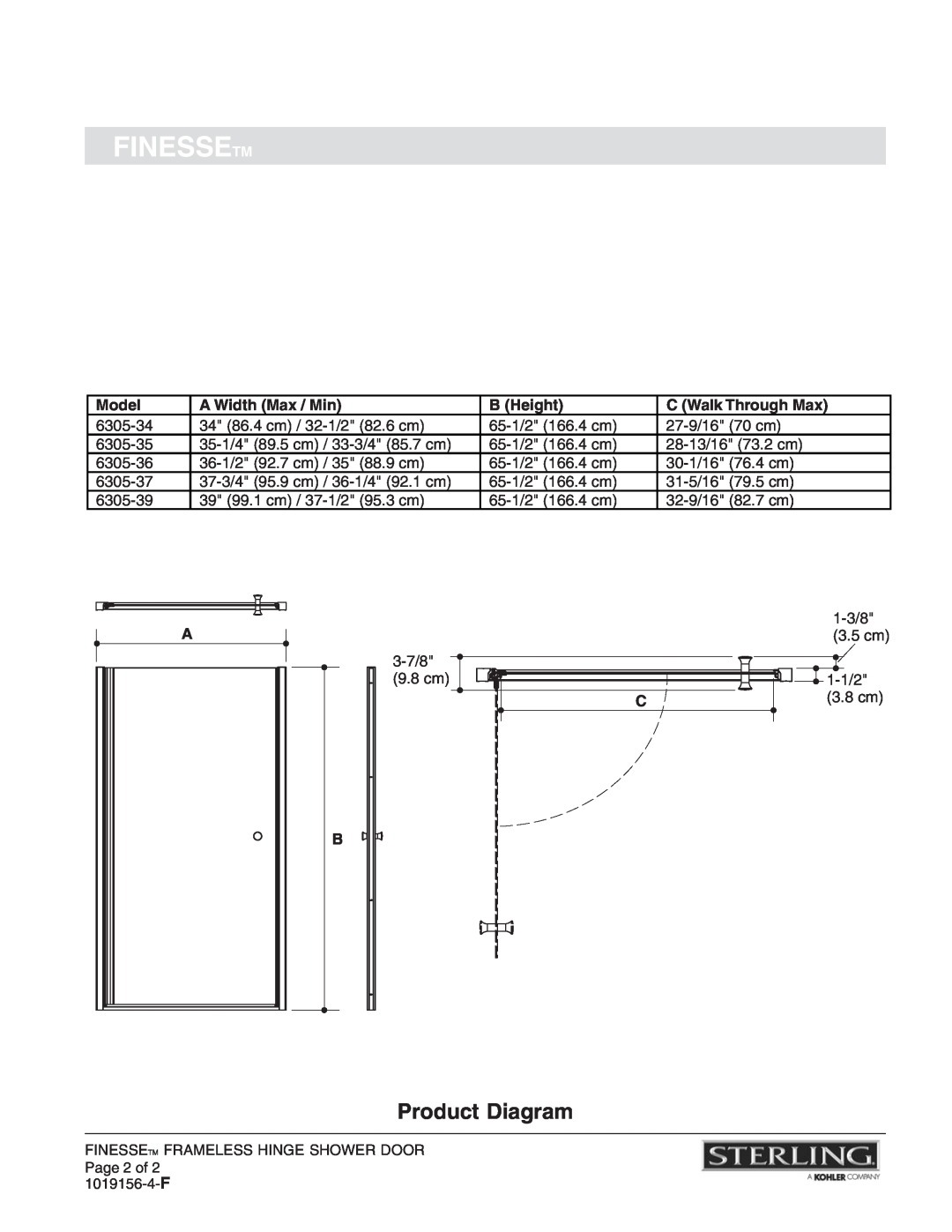 Sterling Plumbing 6305-30 Product Diagram, Finessetm, Model, A Width Max / Min, B Height, C Walk Through Max 