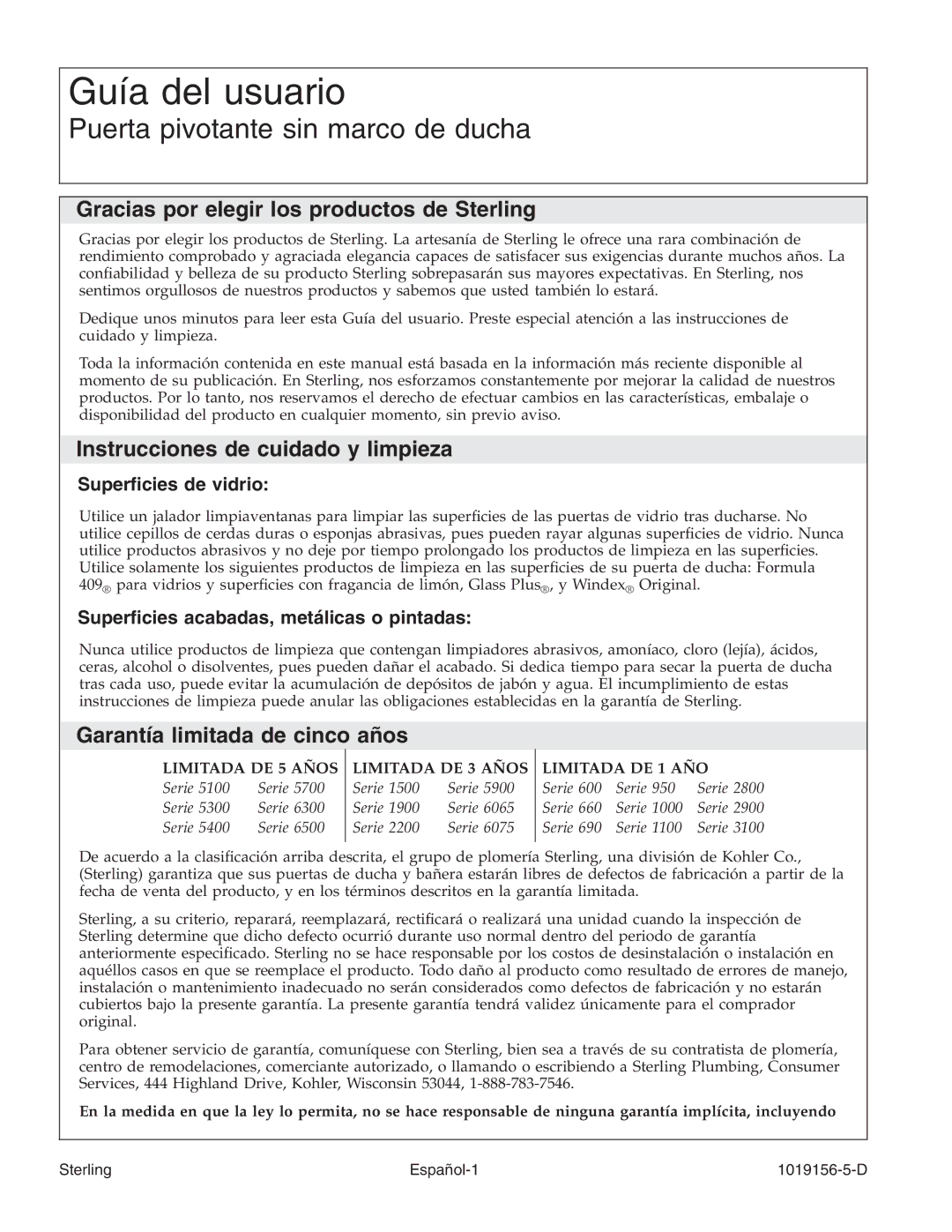 Sterling Plumbing 6305 Series manual Gracias por elegir los productos de Sterling, Instrucciones de cuidado y limpieza 