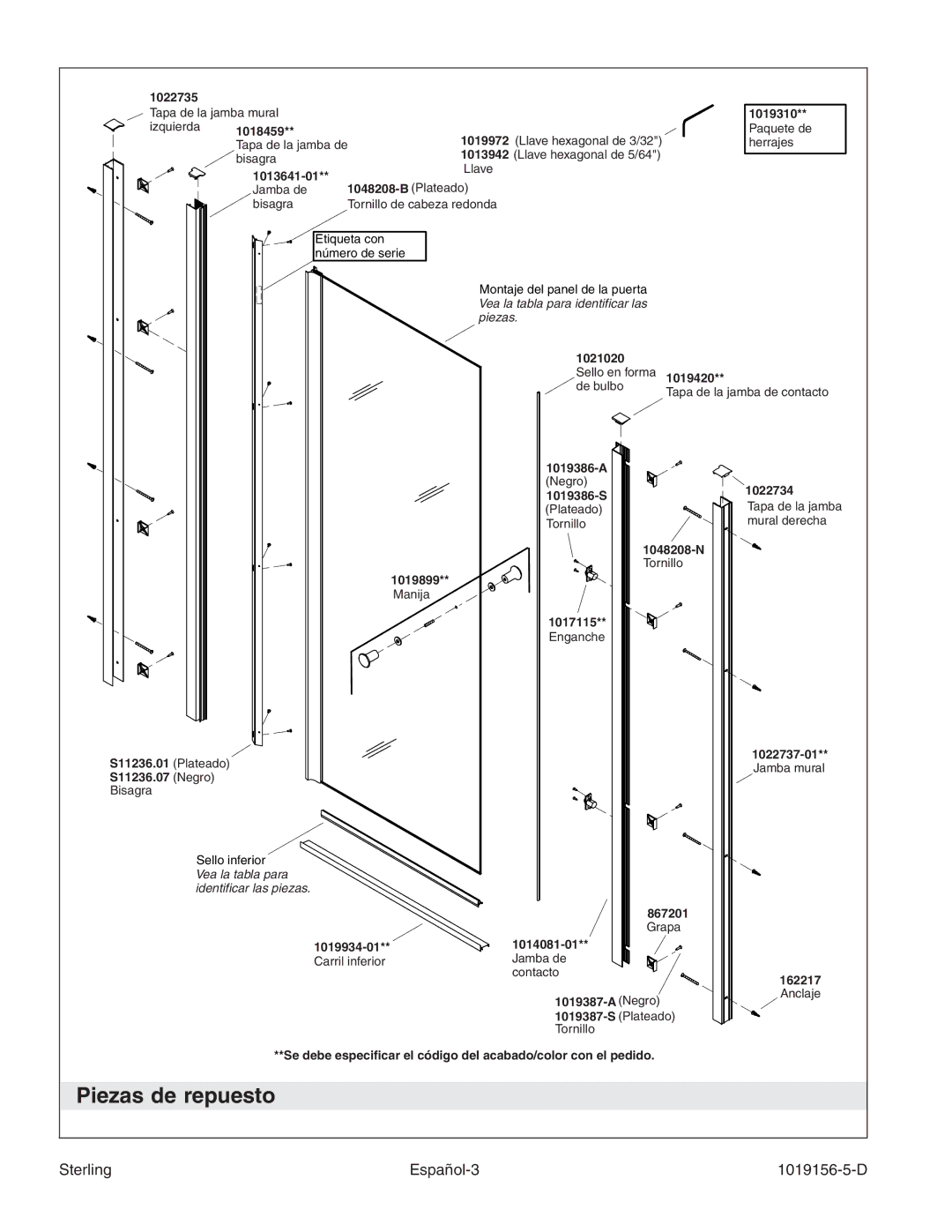 Sterling Plumbing 6305 Series manual Piezas de repuesto, Sterling Español-3 1019156-5-D 