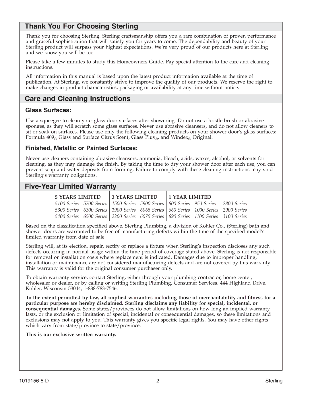 Sterling Plumbing 6305 Series Thank You For Choosing Sterling, Care and Cleaning Instructions, Five-Year Limited Warranty 