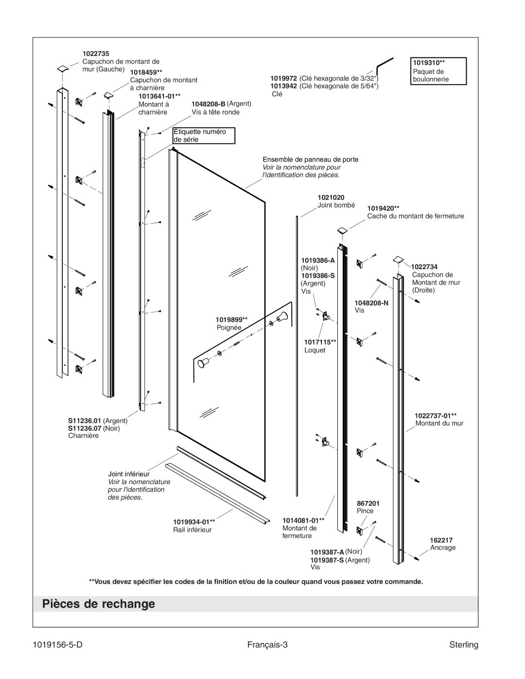 Sterling Plumbing 6305 Series manual Pièces de rechange, D Français-3 Sterling 