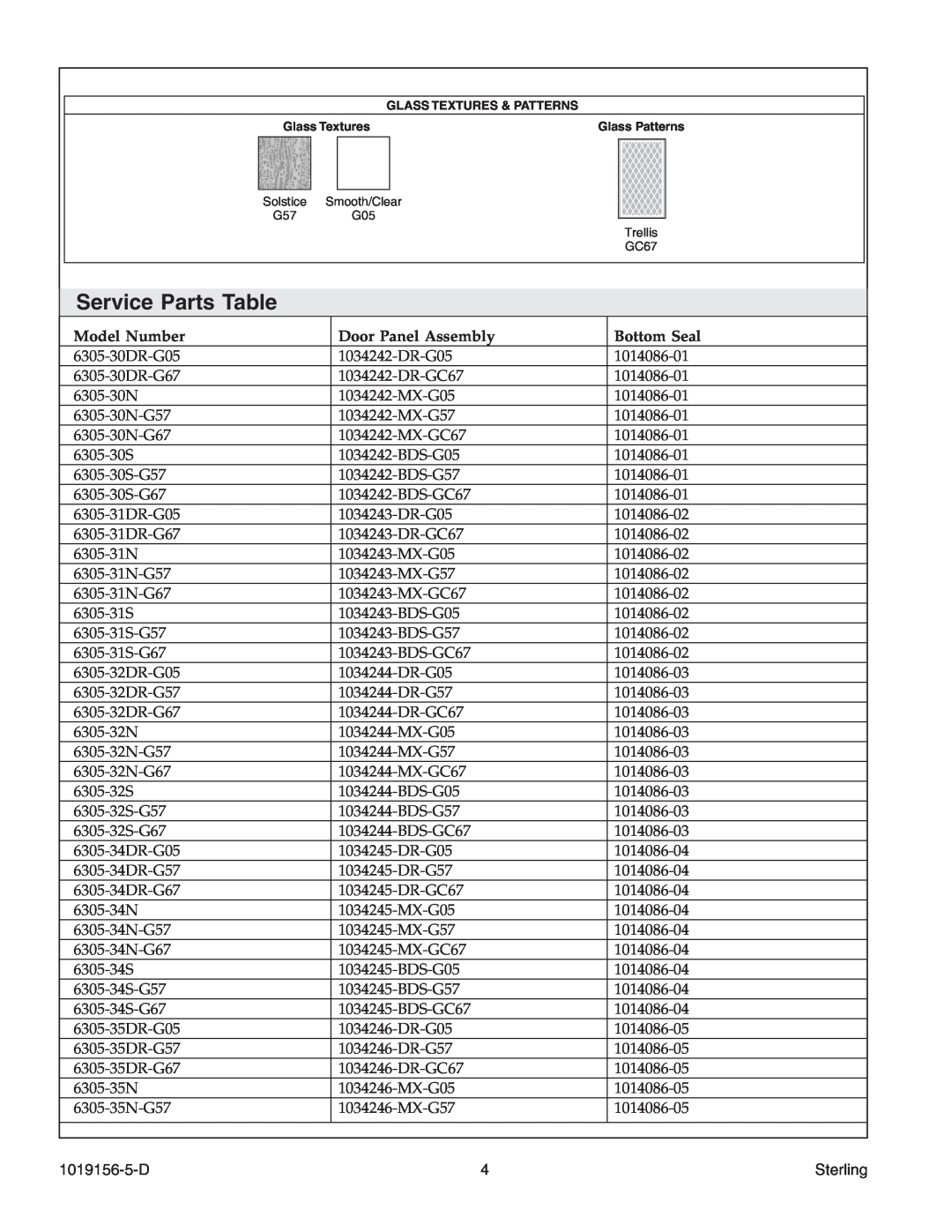 Sterling Plumbing 6305 Series Service Parts Table, Model Number, Door Panel Assembly, Bottom Seal, 1019156-5-D, Sterling 