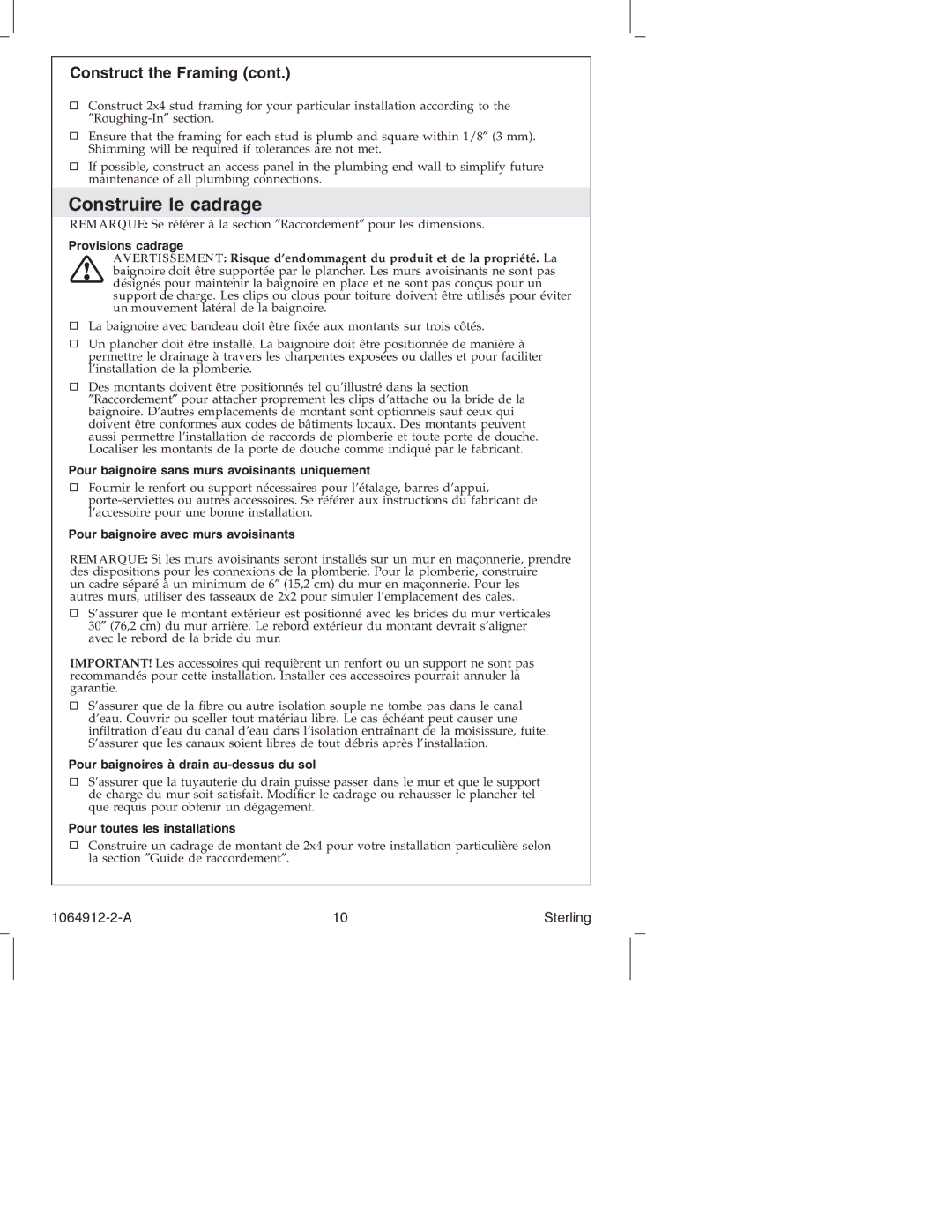 Sterling Plumbing 7104 Series manual Construire le cadrage, Construct the Framing 