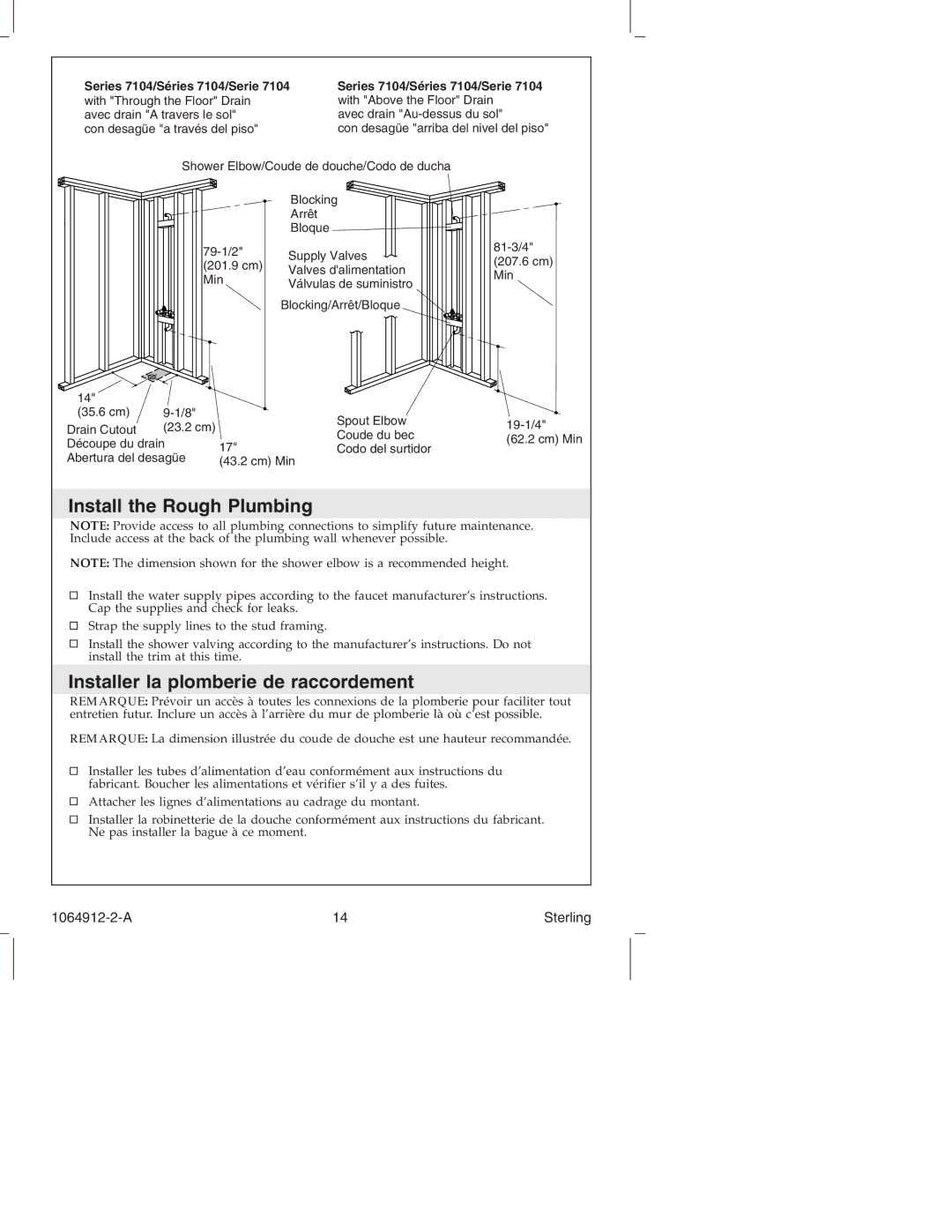 Sterling Plumbing 7104 Series manual Install the Rough Plumbing, Installer la plomberie de raccordement 