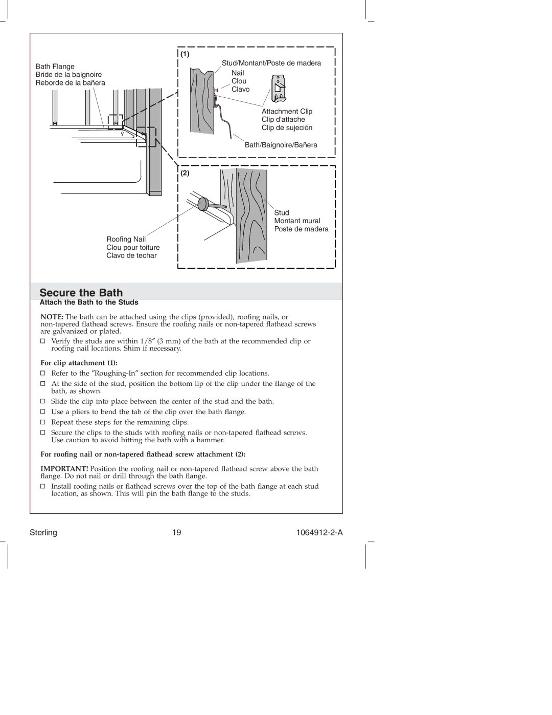 Sterling Plumbing 7104 Series manual Secure the Bath, Attach the Bath to the Studs, For clip attachment 