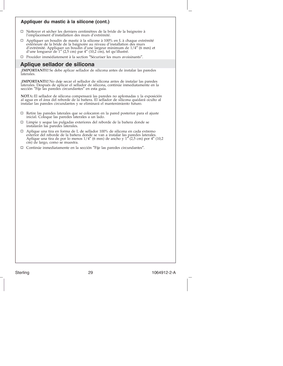 Sterling Plumbing 7104 Series manual Aplique sellador de silicona, Appliquer du mastic à la silicone 