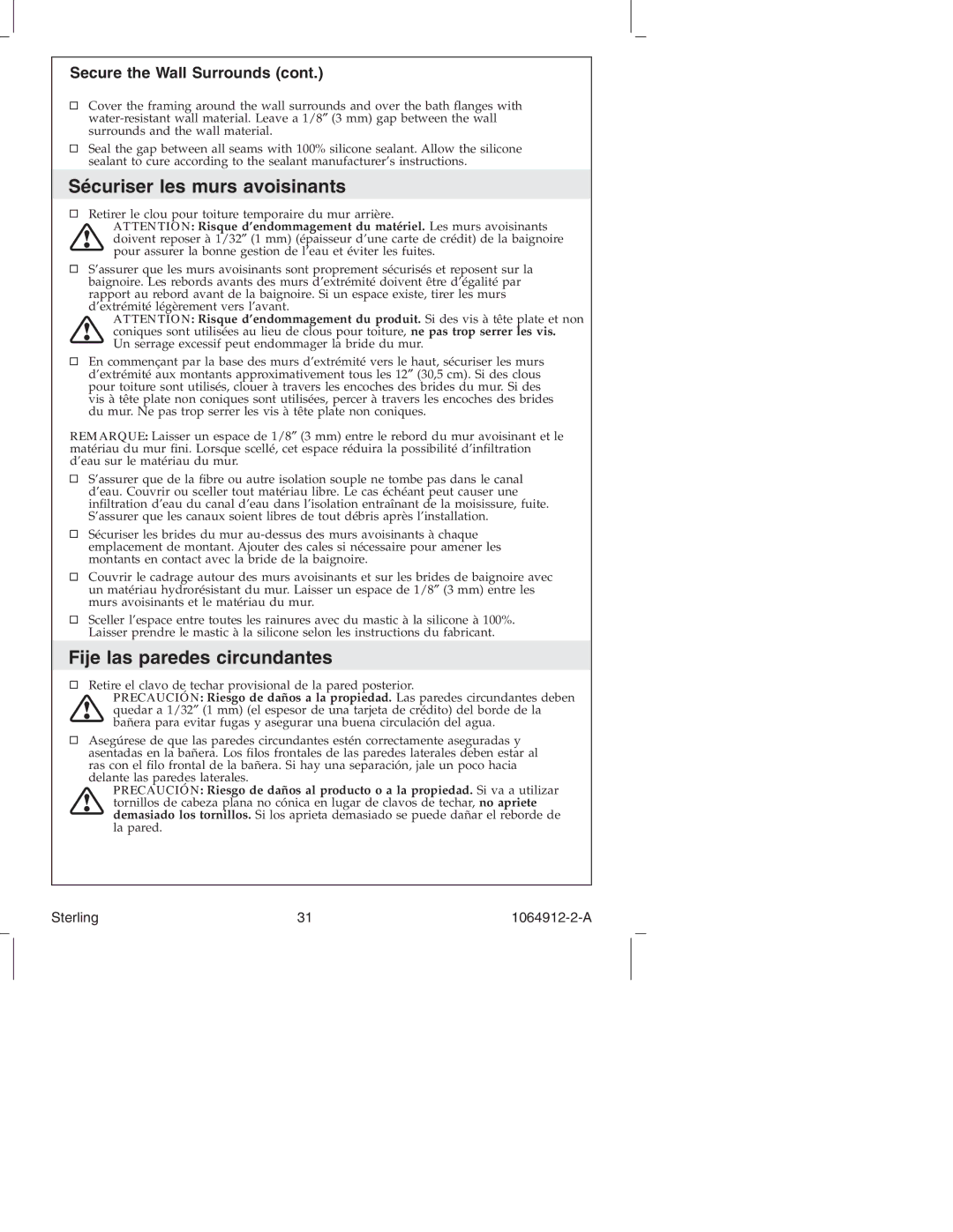 Sterling Plumbing 7104 Series Sécuriser les murs avoisinants, Fije las paredes circundantes, Secure the Wall Surrounds 
