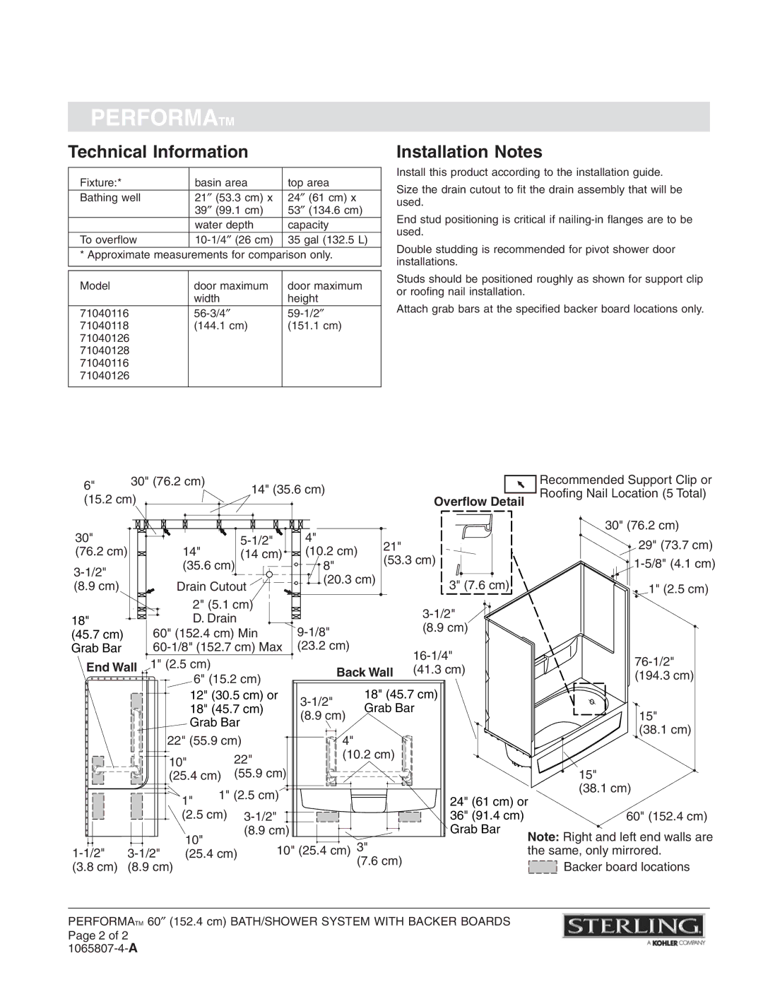 Sterling Plumbing 71044106 warranty Technical Information, Installation Notes, Overflow Detail, End Wall, Back Wall 41.3 cm 