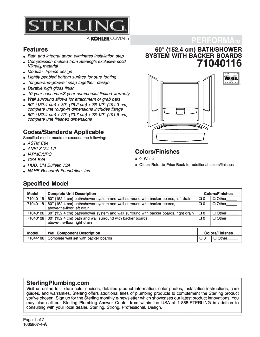Sterling Plumbing 71040126 warranty Performatm, Features, 60″ 152.4 cm BATH/SHOWER, System With Backer Boards, 71040116 