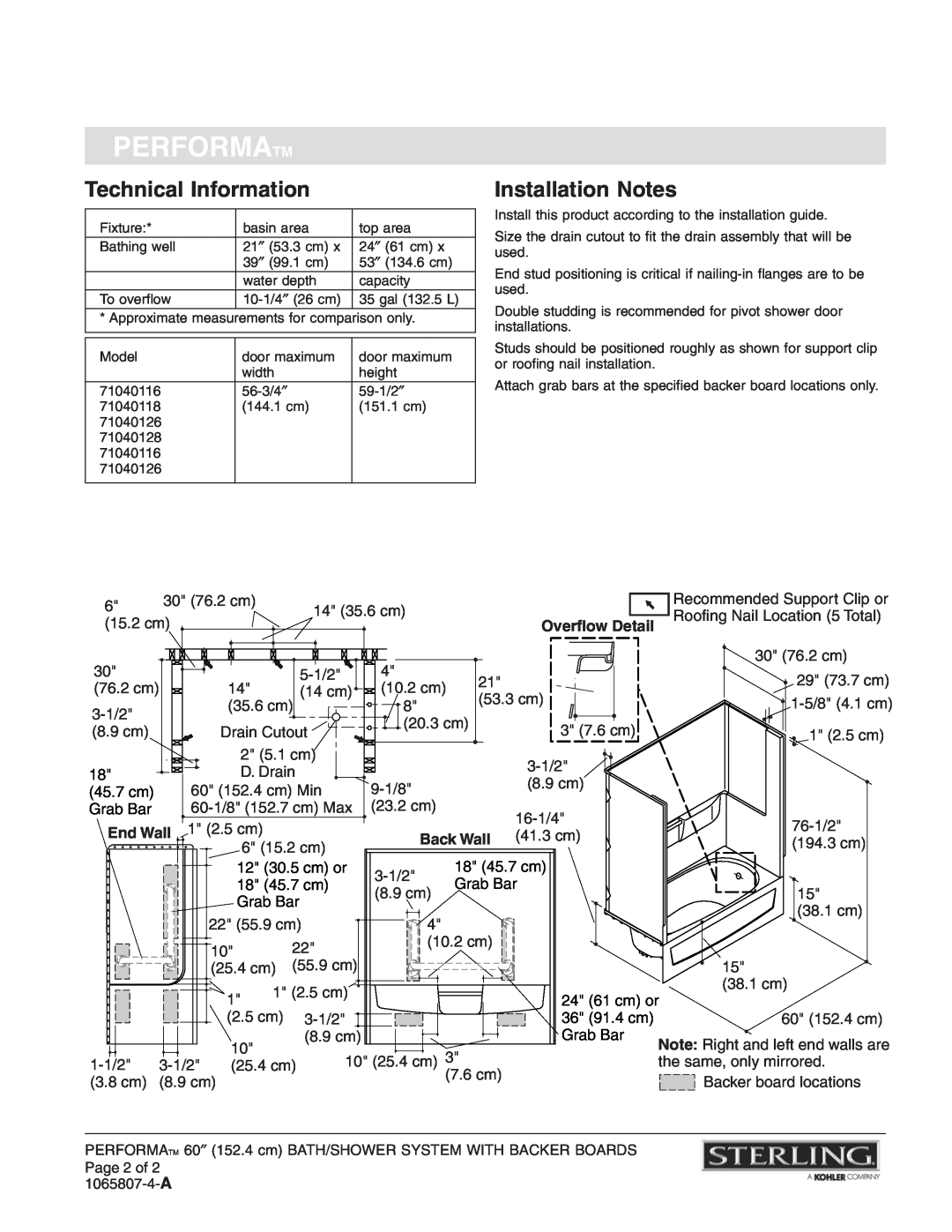 Sterling Plumbing 71044106, 71040128 Technical Information, Installation Notes, Performatm, Overflow Detail, End Wall 