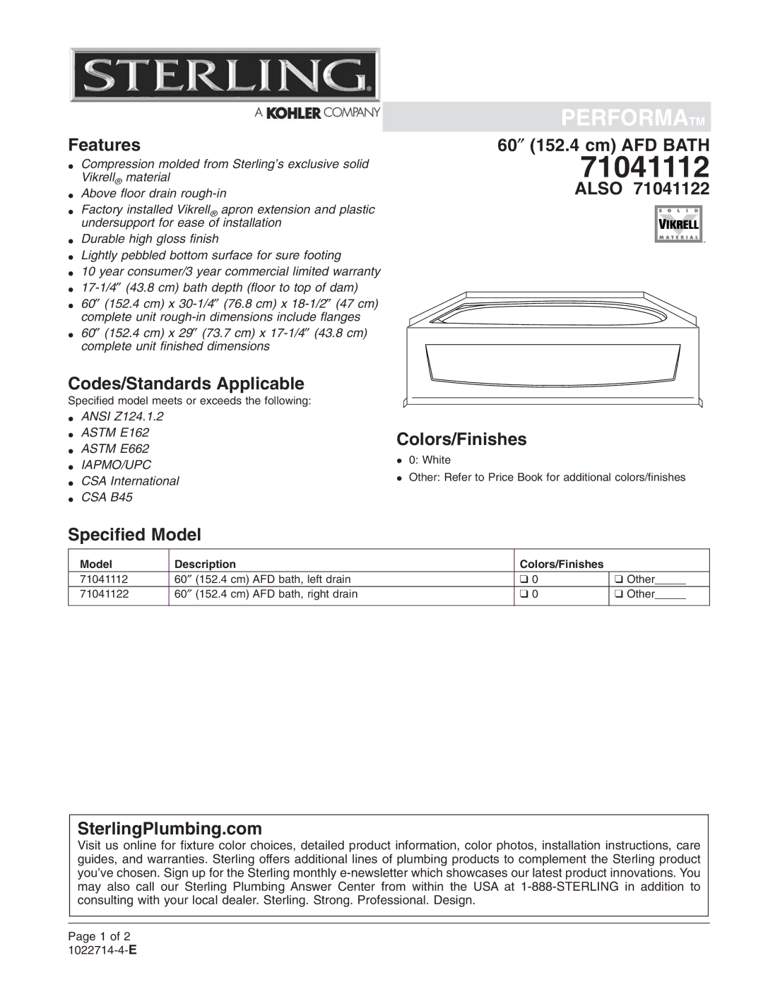 Sterling Plumbing 71041122 warranty 71041112 