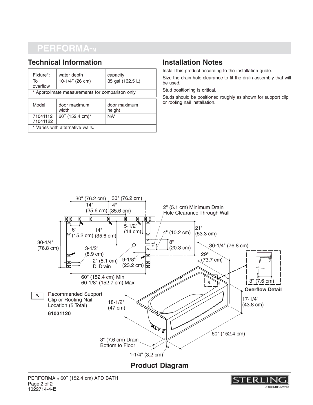 Sterling Plumbing 71041112, 71041122 warranty Technical Information, Installation Notes, Product Diagram 