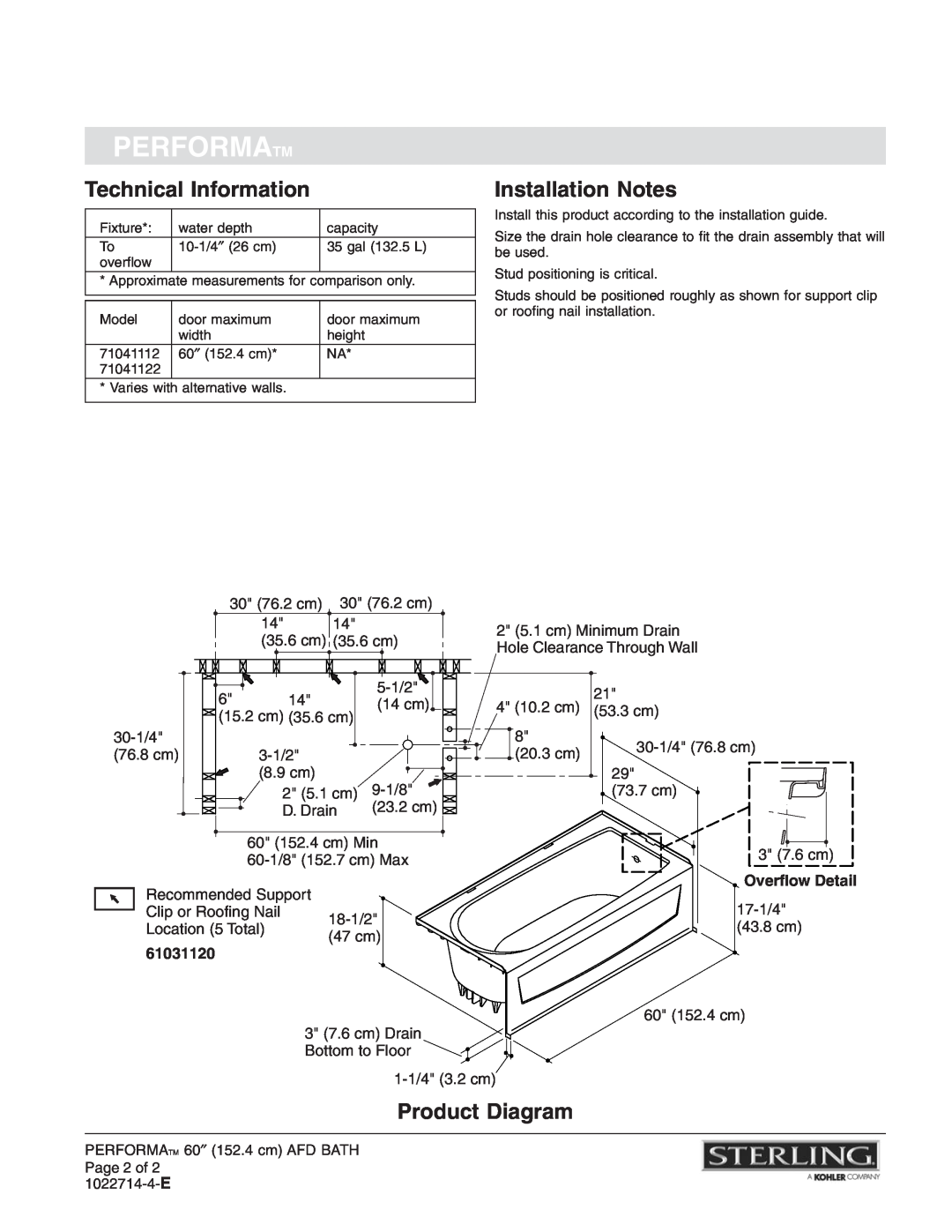 Sterling Plumbing 71041112, 71041122 Technical Information, Installation Notes, Product Diagram, Performatm, 61031120 