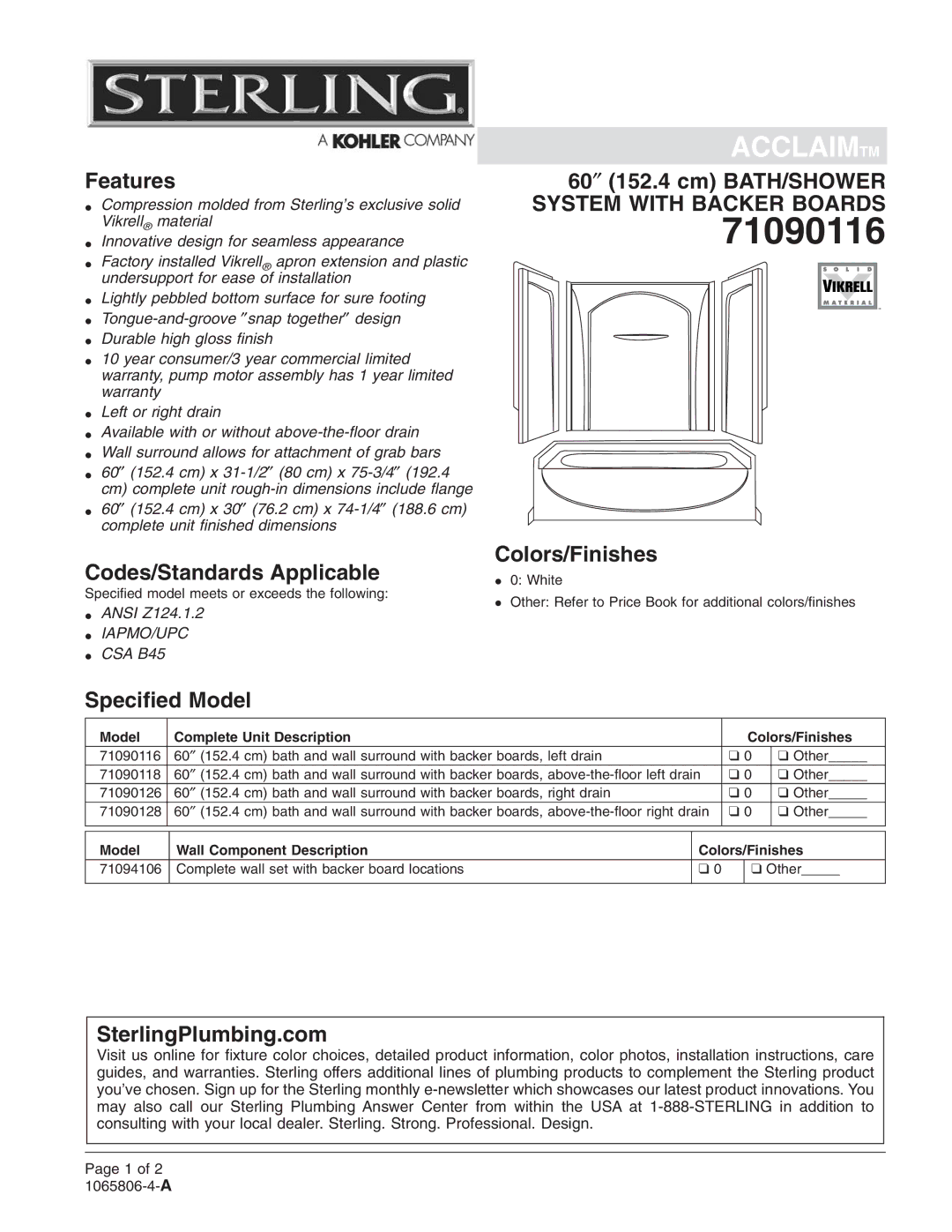 Sterling Plumbing 71090116 warranty 