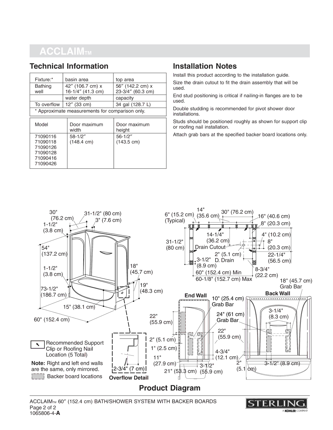 Sterling Plumbing 71090116 warranty Technical Information, Installation Notes, Product Diagram, Back Wall, End Wall 