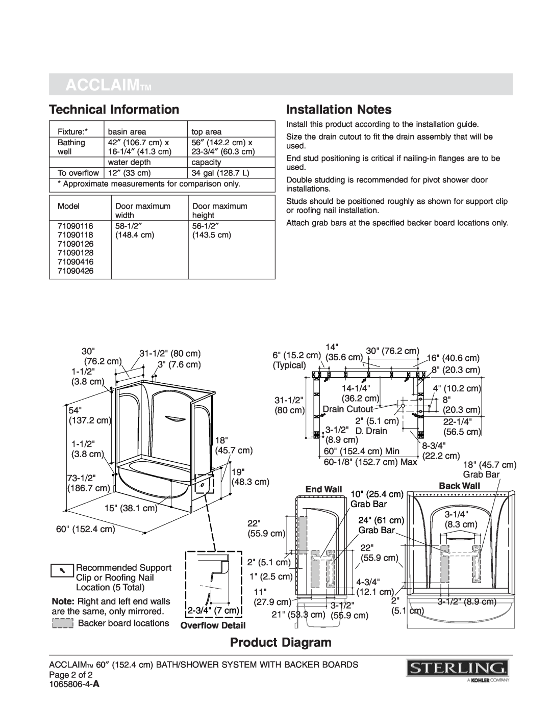 Sterling Plumbing 71090116 Technical Information, Installation Notes, Product Diagram, Acclaimtm, Back Wall, End Wall 