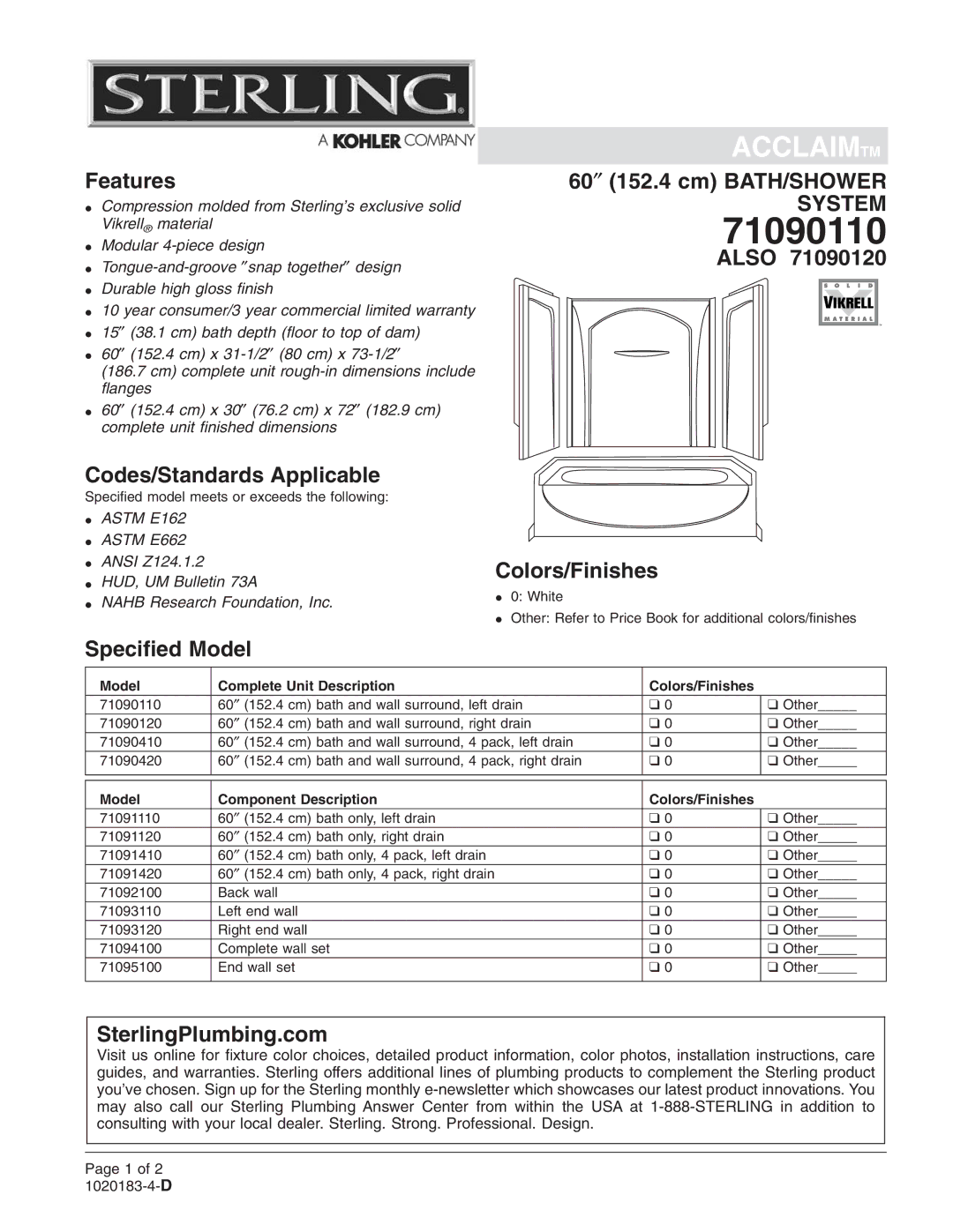 Sterling Plumbing 71090110, 71090120 warranty 