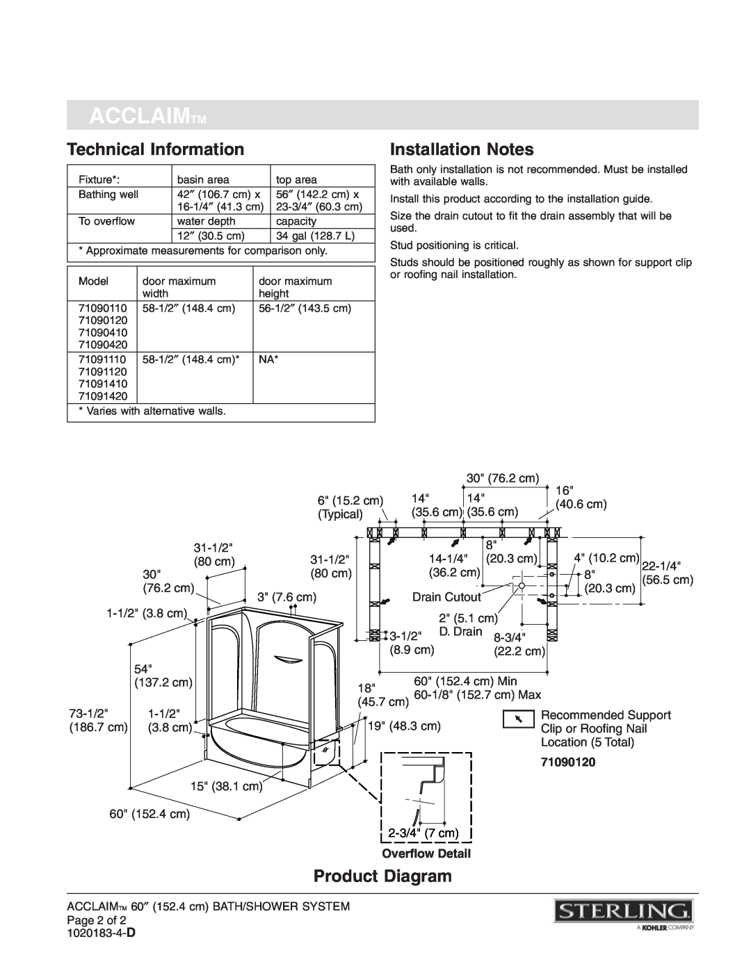 Sterling Plumbing 71090120 warranty Technical Information, Installation Notes, Product Diagram, Acclaimtm, Overflow Detail 