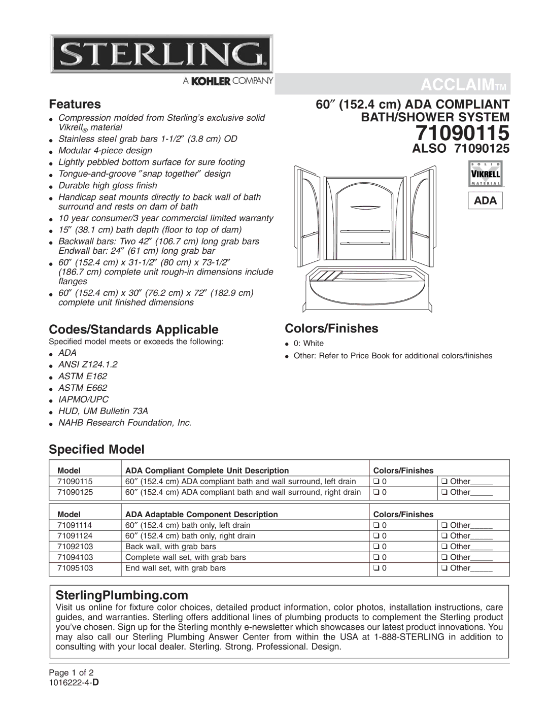 Sterling Plumbing 71090115, 71090125 warranty 