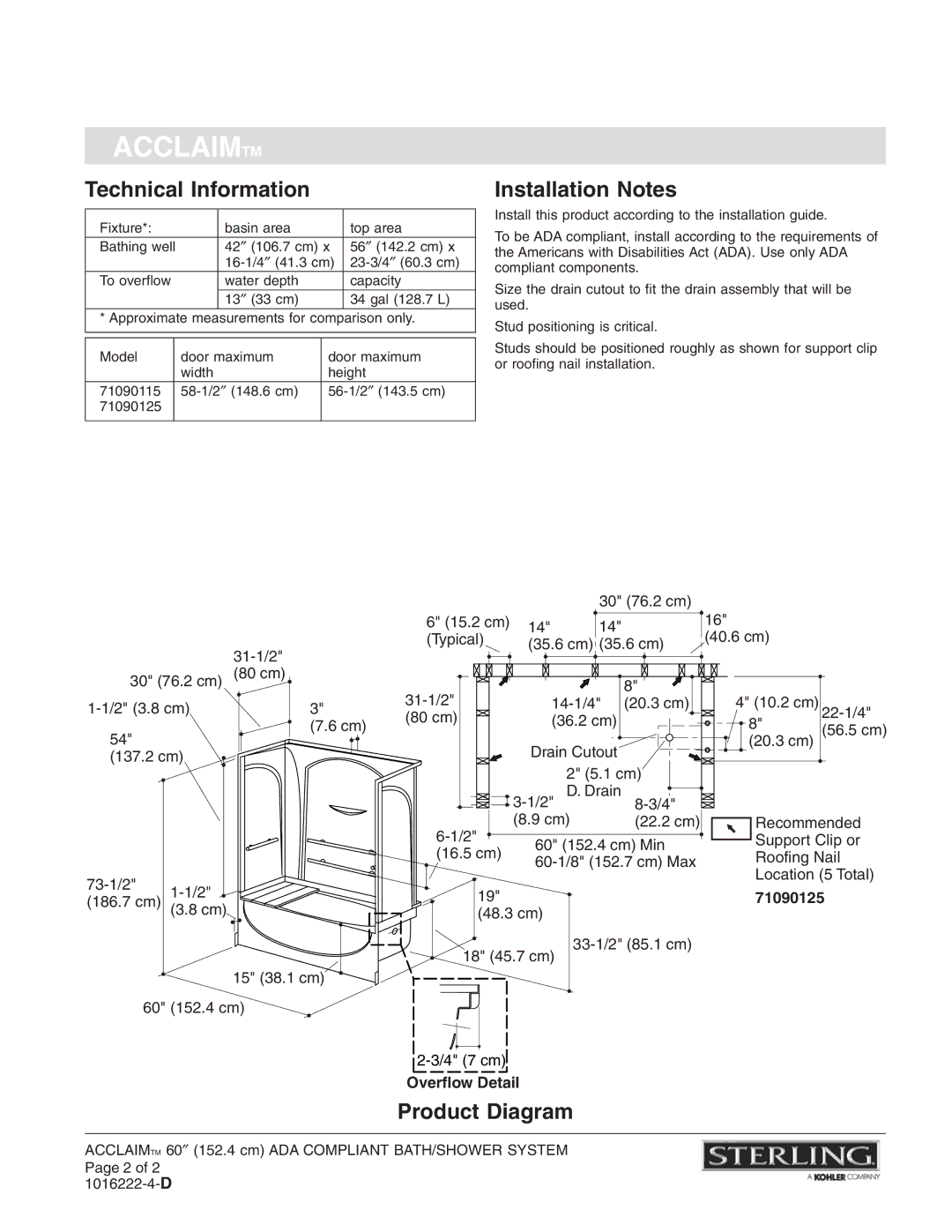 Sterling Plumbing 71090125, 71090115 warranty Technical Information, Installation Notes, Product Diagram 