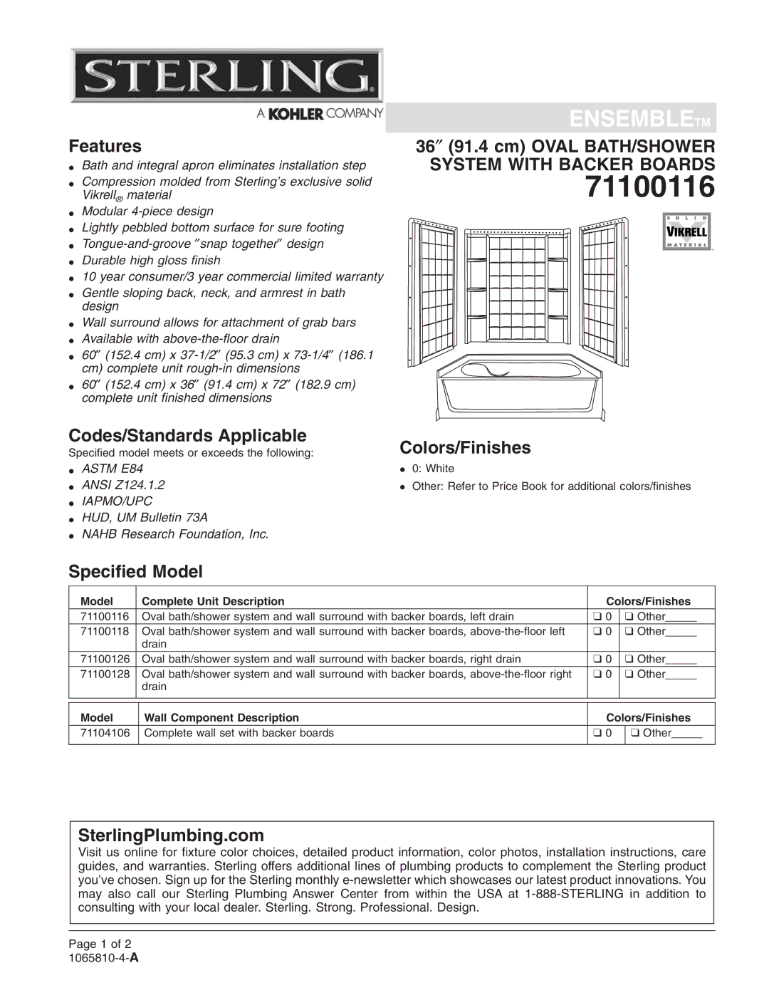 Sterling Plumbing 71100116 warranty 