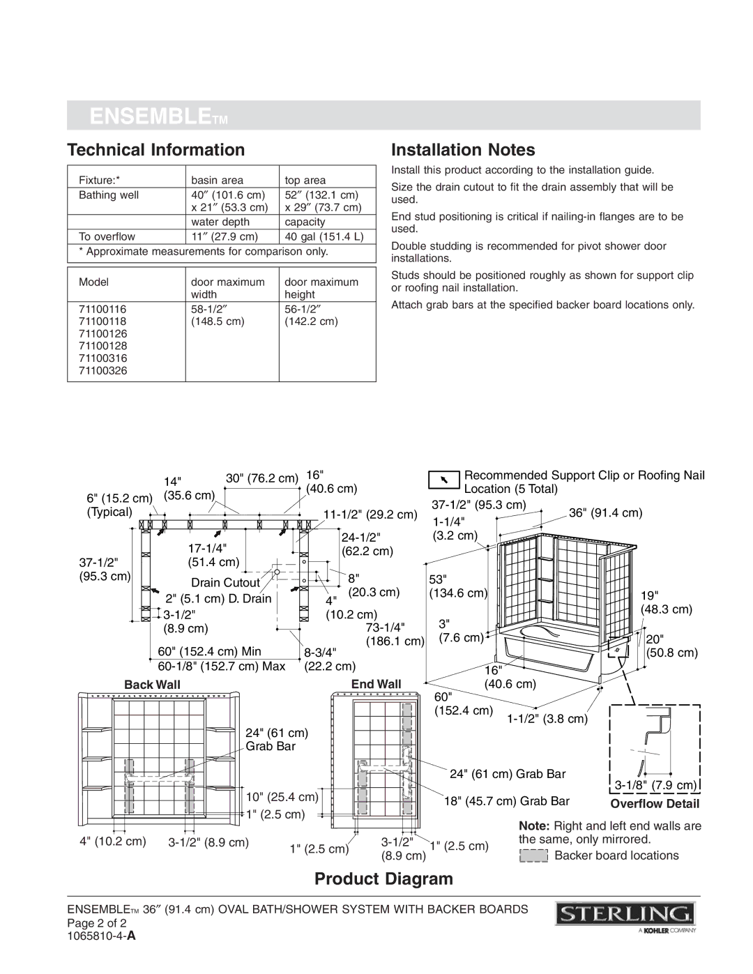 Sterling Plumbing 71100116 warranty Technical Information, Installation Notes, Product Diagram, Back Wall 