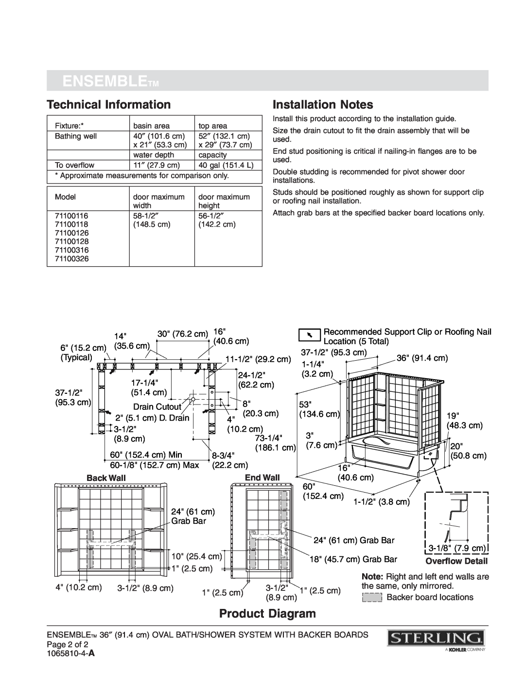 Sterling Plumbing 71100116 warranty Technical Information, Installation Notes, Product Diagram, Ensembletm, Back Wall 