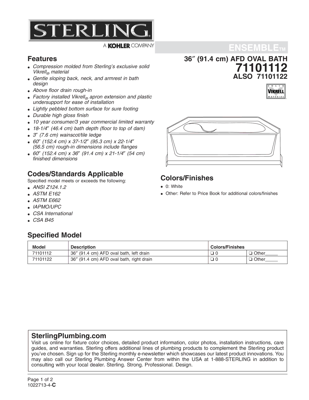 Sterling Plumbing 71101122 warranty 71101112 