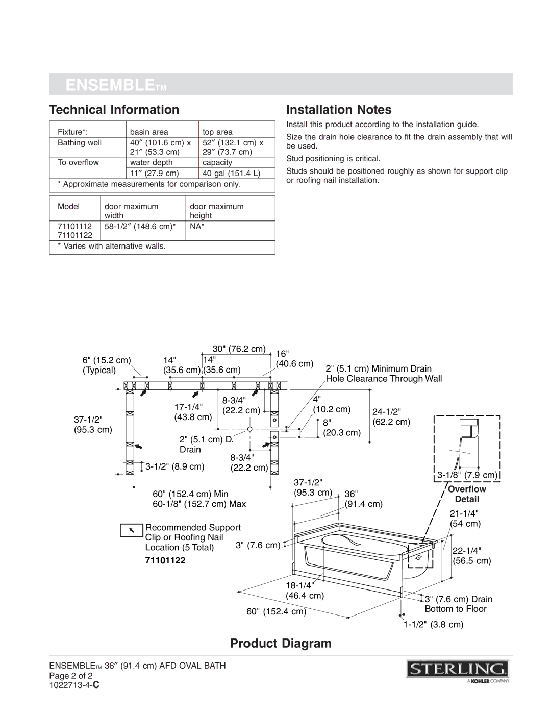 Sterling Plumbing 71101122 warranty Technical Information, Installation Notes, Product Diagram, Overflow, Detail 