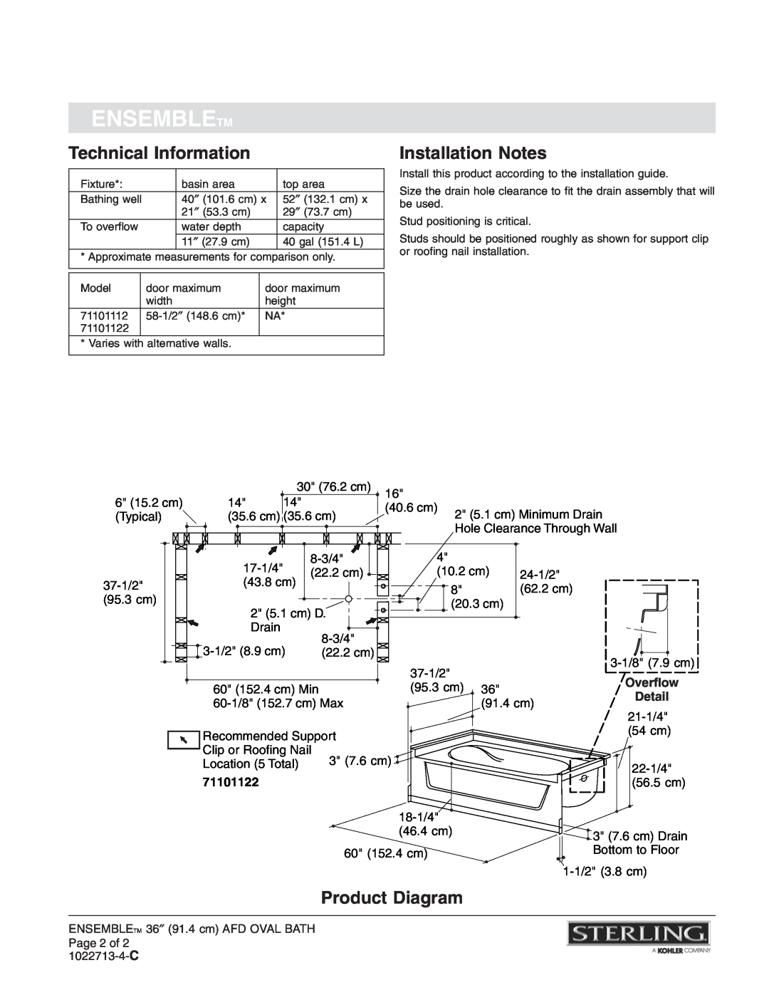 Sterling Plumbing 71101122 warranty Technical Information, Installation Notes, Product Diagram, Ensembletm, Overflow 