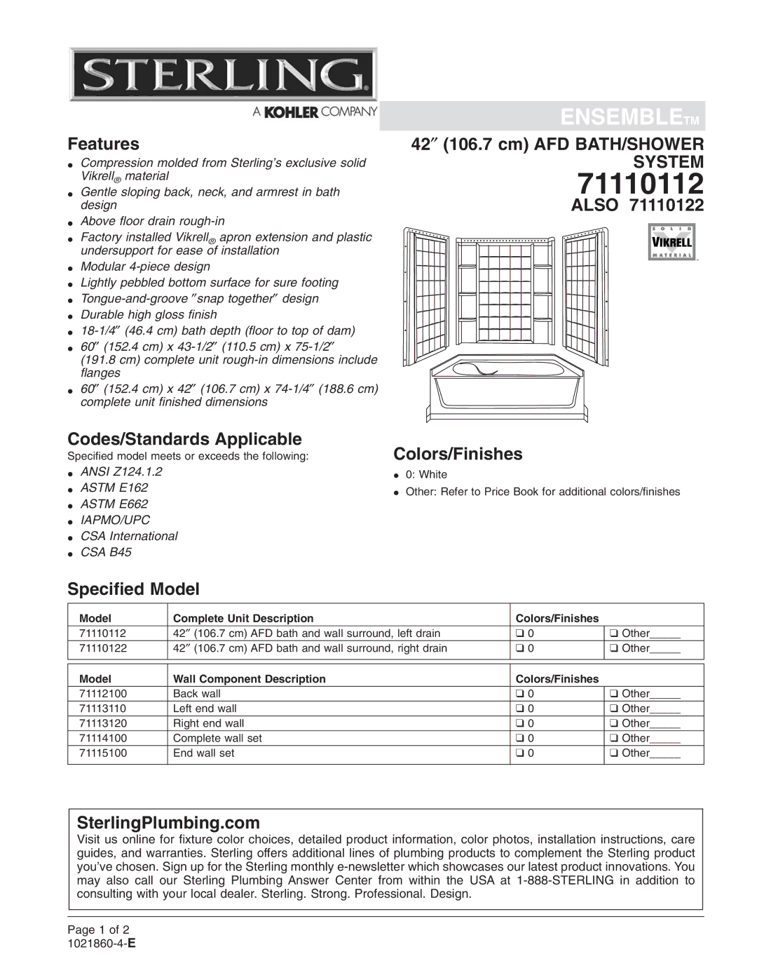 Sterling Plumbing 71110122 dimensions 71110112 