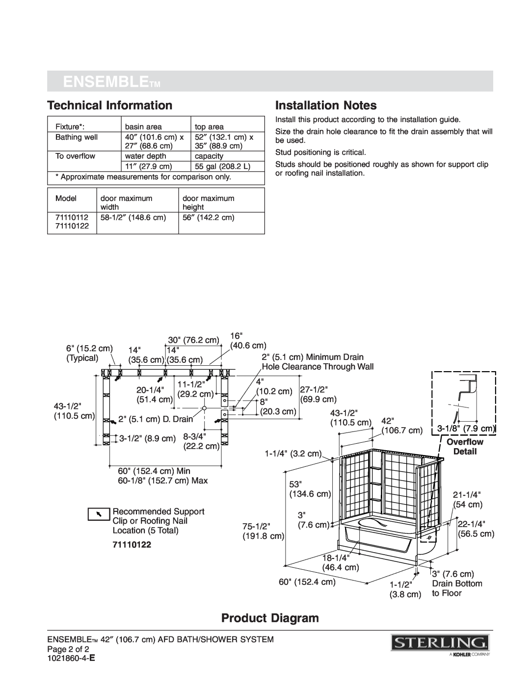 Sterling Plumbing 71110112 dimensions Technical Information, Installation Notes, Product Diagram, Ensembletm, 71110122 