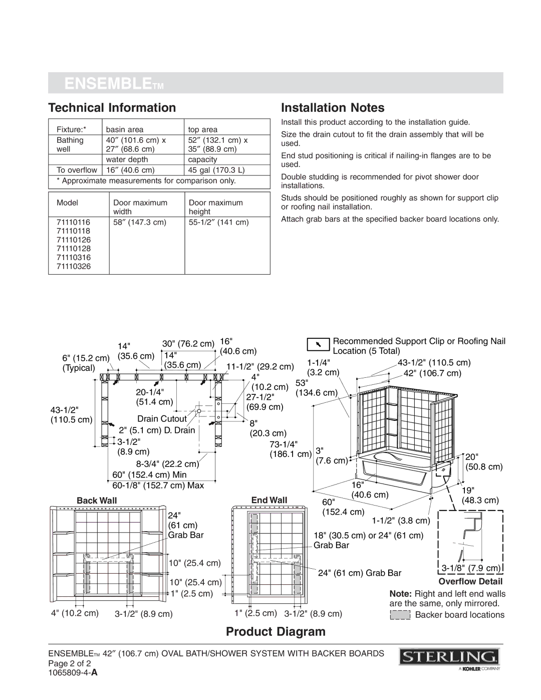 Sterling Plumbing 71110116 warranty Technical Information, Installation Notes, Product Diagram 