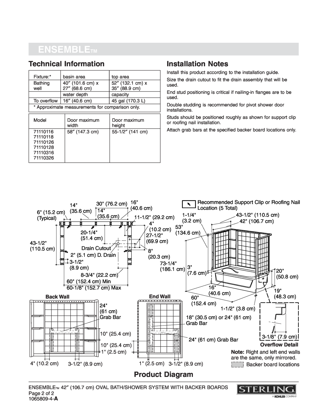 Sterling Plumbing 71110116 Technical Information, Installation Notes, Product Diagram, Ensembletm, End Wall, Back Wall 